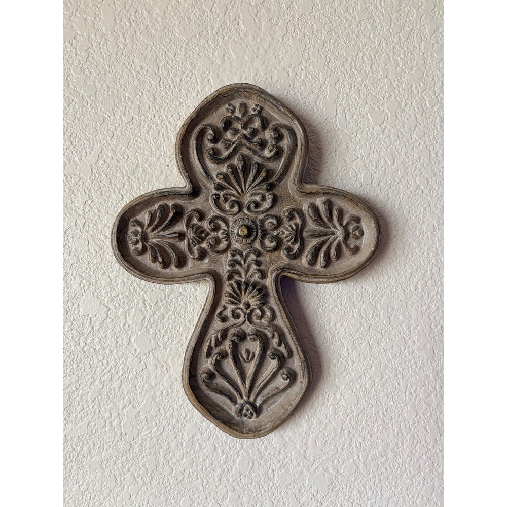 Ornate Scrollwork Decorative Wall Cross Rustic Stone Finish Religious Home Decor